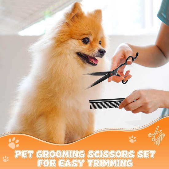Moontay Professional Dog Scissors Set, 440C Stainless Steel Fur Scissors for Dogs, Straight Scissors, Curved Scissors, Thinning Scissors, Herringbone Scissors, Comb, Adjustment Tool, Cleaning Cloth Moontay Professional Dog Scissors Set, 440C Stainless Steel Fur Scissors for Dogs, Straight Scissors, Curved Scissors, Thinning Scissors, Herringbone Scissors, Comb, Adjustment Tool, Cleaning Cloth
