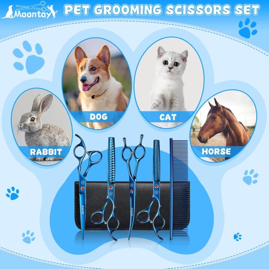 Moontay Professional Dog Scissors Set, 440C Stainless Steel Fur Scissors for Dogs, Straight Scissors, Curved Scissors, Thinning Scissors, Herringbone Scissors, Comb, Adjustment Tool, Cleaning Cloth Moontay Professional Dog Scissors Set, 440C Stainless Steel Fur Scissors for Dogs, Straight Scissors, Curved Scissors, Thinning Scissors, Herringbone Scissors, Comb, Adjustment Tool, Cleaning Cloth