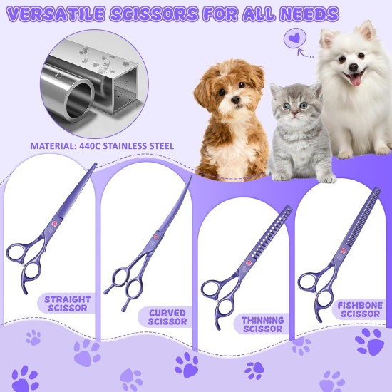 Moontay Professional Dog Scissors Set, 440C Stainless Steel Fur Scissors for Dogs, Straight Scissors, Curved Scissors, Thinning Scissors, Herringbone Scissors, Comb, Adjustment Tool, Cleaning Cloth Moontay Professional Dog Scissors Set, 440C Stainless Steel Fur Scissors for Dogs, Straight Scissors, Curved Scissors, Thinning Scissors, Herringbone Scissors, Comb, Adjustment Tool, Cleaning Cloth
