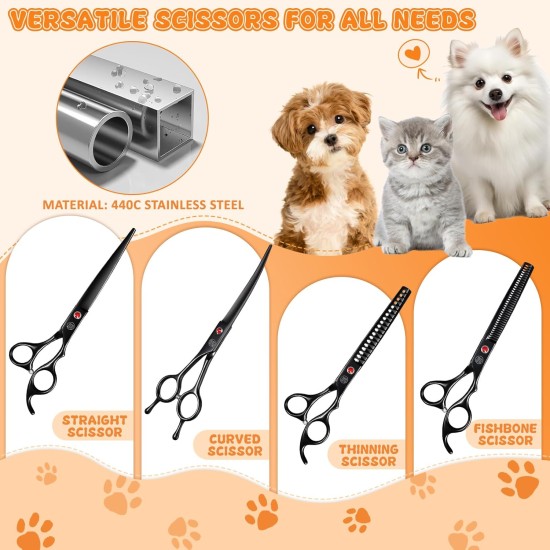 Moontay Professional Dog Scissors Set, 440C Stainless Steel Fur Scissors for Dogs, Straight Scissors, Curved Scissors, Thinning Scissors, Herringbone Scissors, Comb, Adjustment Tool, Cleaning Cloth Moontay Professional Dog Scissors Set, 440C Stainless Steel Fur Scissors for Dogs, Straight Scissors, Curved Scissors, Thinning Scissors, Herringbone Scissors, Comb, Adjustment Tool, Cleaning Cloth