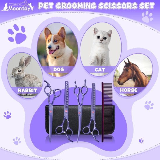 Moontay Professional Dog Scissors Set, 440C Stainless Steel Fur Scissors for Dogs, Straight Scissors, Curved Scissors, Thinning Scissors, Herringbone Scissors, Comb, Adjustment Tool, Cleaning Cloth Moontay Professional Dog Scissors Set, 440C Stainless Steel Fur Scissors for Dogs, Straight Scissors, Curved Scissors, Thinning Scissors, Herringbone Scissors, Comb, Adjustment Tool, Cleaning Cloth