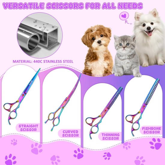 Moontay Professional Dog Scissors Set, 440C Stainless Steel Fur Scissors for Dogs, Straight Scissors, Curved Scissors, Thinning Scissors, Herringbone Scissors, Comb, Adjustment Tool, Cleaning Cloth Moontay Professional Dog Scissors Set, 440C Stainless Steel Fur Scissors for Dogs, Straight Scissors, Curved Scissors, Thinning Scissors, Herringbone Scissors, Comb, Adjustment Tool, Cleaning Cloth