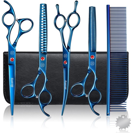 Moontay Professional Dog Scissors Set, 440C Stainless Steel Fur Scissors for Dogs, Straight Scissors, Curved Scissors, Thinning Scissors, Herringbone Scissors, Comb, Adjustment Tool, Cleaning Cloth Moontay Professional Dog Scissors Set, 440C Stainless Steel Fur Scissors for Dogs, Straight Scissors, Curved Scissors, Thinning Scissors, Herringbone Scissors, Comb, Adjustment Tool, Cleaning Cloth
