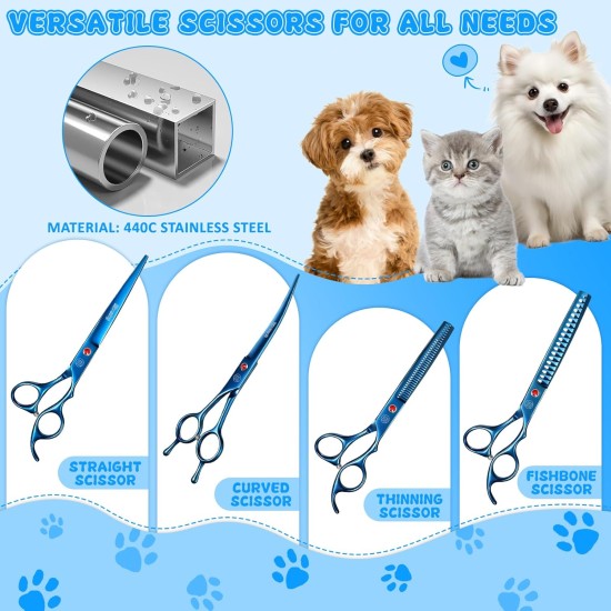 Moontay Professional Dog Scissors Set, 440C Stainless Steel Fur Scissors for Dogs, Straight Scissors, Curved Scissors, Thinning Scissors, Herringbone Scissors, Comb, Adjustment Tool, Cleaning Cloth Moontay Professional Dog Scissors Set, 440C Stainless Steel Fur Scissors for Dogs, Straight Scissors, Curved Scissors, Thinning Scissors, Herringbone Scissors, Comb, Adjustment Tool, Cleaning Cloth