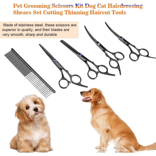 Multifunctional Pet Scissors Set for Dogs and Cats - 2 Curved Scissors + Cutting Scissors + Comb + Storage Box Multifunctional Pet Scissors Set for Dogs and Cats - 2 Curved Scissors + Cutting Scissors + Comb + Storage Box