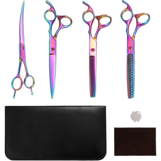 NOVOSACO 7 inch professional dog scissors set, 4-piece pet grooming scissors, straight, curved, thinning fur scissors for dogs, cats, rustproof NOVOSACO 7 inch professional dog scissors set, 4-piece pet grooming scissors, straight, curved, thinning fur scissors for dogs, cats, rustproof