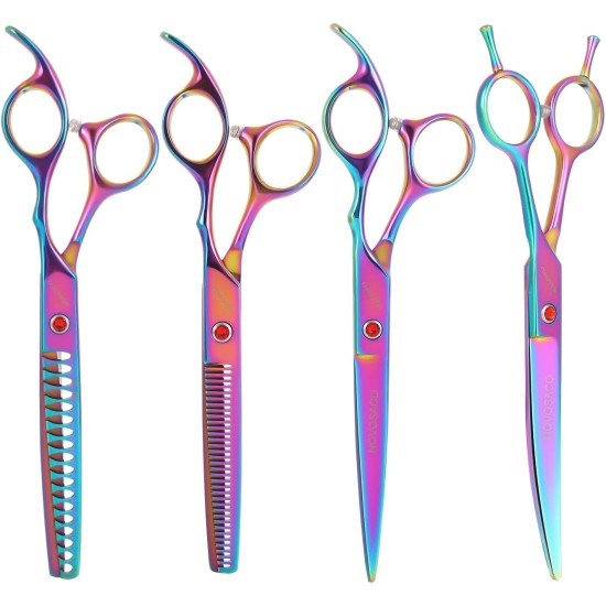 NOVOSACO 7 inch professional dog scissors set, 4-piece pet grooming scissors, straight, curved, thinning fur scissors for dogs, cats, rustproof