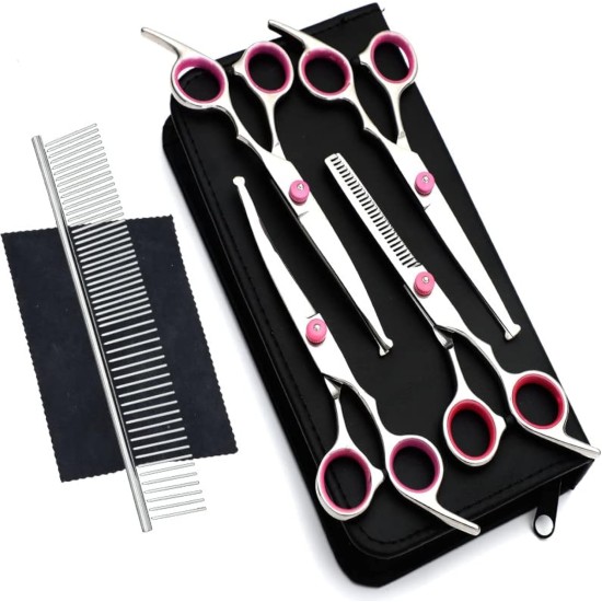 Newaner Professional Dog Scissors Set, Stainless Steel Scissors with Round Safety Tip, Fur Scissors Including Thinning Scissors, Curved, Straight Scissors, Grooming Comb, for Dogs, Cats, Purple