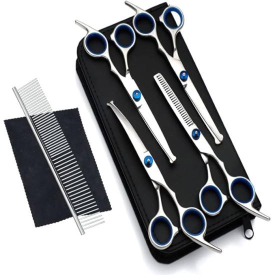 Newaner Professional Dog Scissors Set, Stainless Steel with Round Safety Tip, Fur Scissors Including Thinning Scissors, Curved, Straight Scissors, Grooming Comb, for Dogs, Cats, Blue