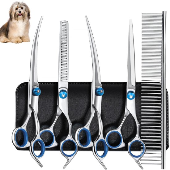 Pack of 5 Professional Dog Scissors Set, Including 1 Thinning Scissors, 2 Curved, 1 Straight Scissors, 1 Grooming Comb, for Grooming Dogs, Cats, Pets, for Full Body, Face, Nose and Ear Pack of 5 Professional Dog Scissors Set, Including 1 Thinning Scissors, 2 Curved, 1 Straight Scissors, 1 Grooming Comb, for Grooming Dogs, Cats, Pets, for Full Body, Face, Nose and Ear