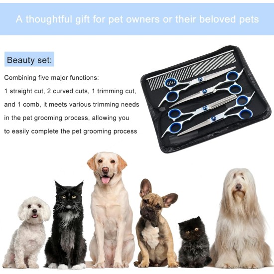 Pack of 5 Professional Dog Scissors Set, Including 1 Thinning Scissors, 2 Curved, 1 Straight Scissors, 1 Grooming Comb, for Grooming Dogs, Cats, Pets, for Full Body, Face, Nose and Ear Pack of 5 Professional Dog Scissors Set, Including 1 Thinning Scissors, 2 Curved, 1 Straight Scissors, 1 Grooming Comb, for Grooming Dogs, Cats, Pets, for Full Body, Face, Nose and Ear