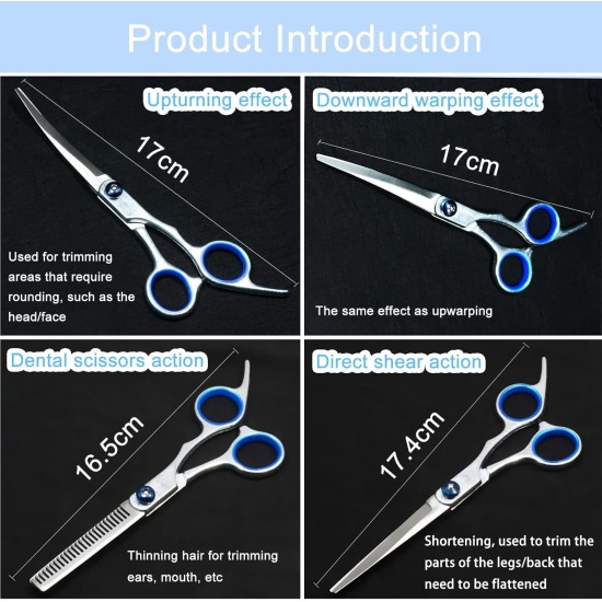 Pack of 5 Professional Dog Scissors Set, Including 1 Thinning Scissors, 2 Curved, 1 Straight Scissors, 1 Grooming Comb, for Grooming Dogs, Cats, Pets, for Full Body, Face, Nose and Ear Pack of 5 Professional Dog Scissors Set, Including 1 Thinning Scissors, 2 Curved, 1 Straight Scissors, 1 Grooming Comb, for Grooming Dogs, Cats, Pets, for Full Body, Face, Nose and Ear