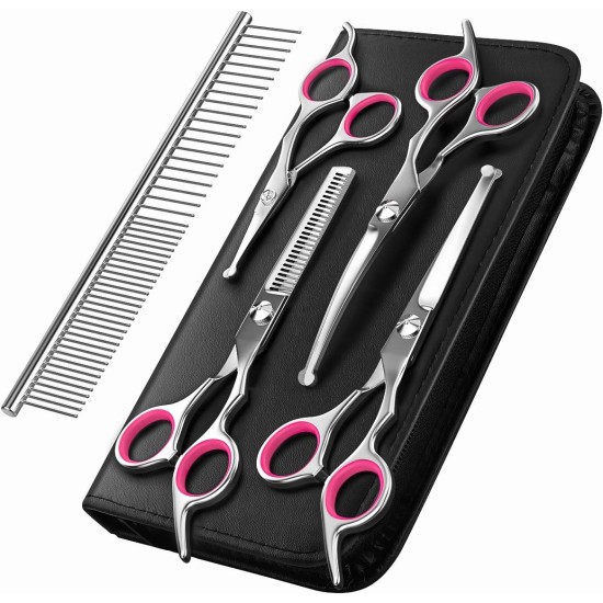 Pawaboo Dog Grooming Scissors Set, 5 Pieces Professional Dog Salon Scissors, Combing Fur Scissors with Round Safety Tip for Pets, Dogs, Cats, Thinning Scissors, Hair Care, Grooming Cutting - Pink Pawaboo Dog Grooming Scissors Set, 5 Pieces Professional Dog Salon Scissors, Combing Fur Scissors with Round Safety Tip for Pets, Dogs, Cats, Thinning Scissors, Hair Care, Grooming Cutting - Pink