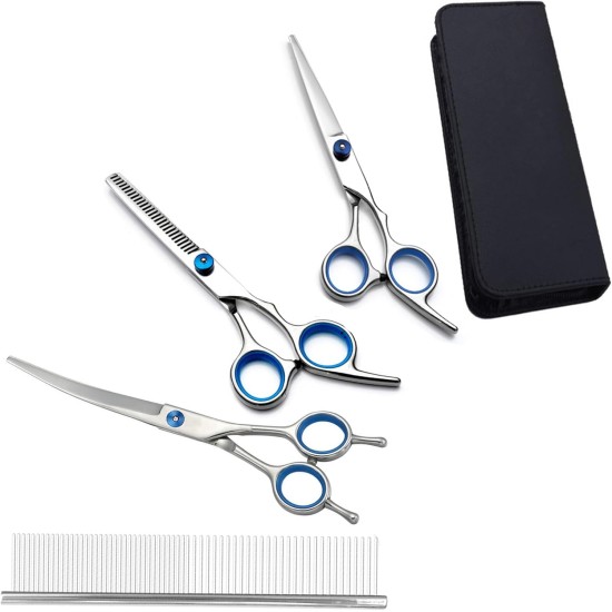 Pet Grooming Scissors for Dogs, 7 Inch Heavy Duty Titanium Pet Grooming Scissors Set, Professional Thinning Scissors, Straight Scissors with Comb for Dogs and Cats (4 Pack) Pet Grooming Scissors for Dogs, 7 Inch Heavy Duty Titanium Pet Grooming Scissors Set, Professional Thinning Scissors, Straight Scissors with Comb for Dogs and Cats (4 Pack)