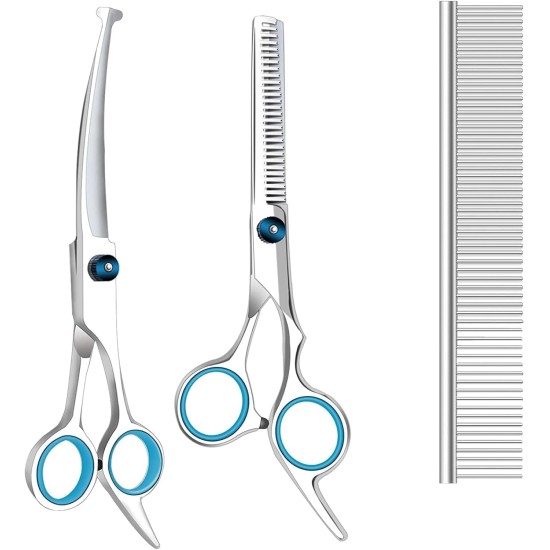 Pet Grooming Scissors for Dogs with Round Safety Tips, Heavy Duty Titanium Pet Grooming Trimmer Set, Professional Thinning Scissors, Straight Scissors with Comb for Dogs and Cats (3 Pack) Pet Grooming Scissors for Dogs with Round Safety Tips, Heavy Duty Titanium Pet Grooming Trimmer Set, Professional Thinning Scissors, Straight Scissors with Comb for Dogs and Cats (3 Pack)