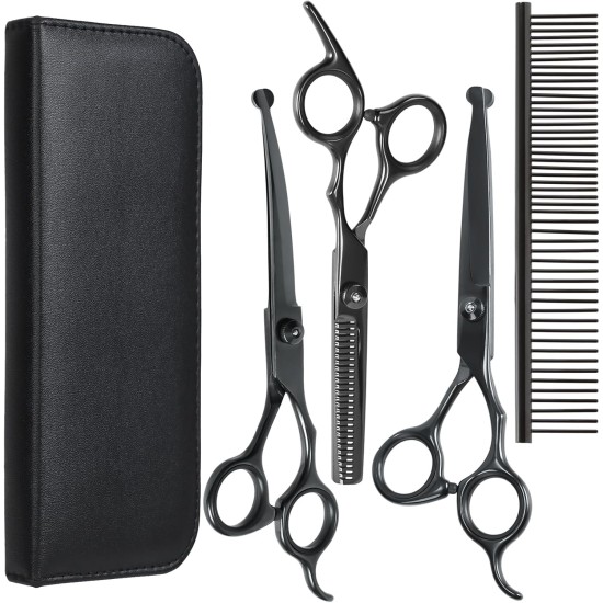 Pet Grooming Scissors for Dogs with Round Safety Tips, Heavy Duty Titanium Pet Grooming Trimmer Set, Professional Thinning Scissors, Straight Scissors with Comb for Dogs and Cats (3 Pack) Pet Grooming Scissors for Dogs with Round Safety Tips, Heavy Duty Titanium Pet Grooming Trimmer Set, Professional Thinning Scissors, Straight Scissors with Comb for Dogs and Cats (3 Pack)