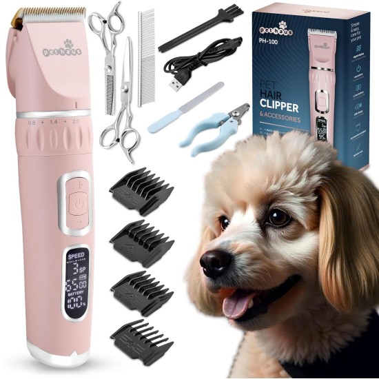 Pethaus Dog Clipper Grooming Set Low Noise Clipper for Dogs Cats 4 Attachments 3 to 12 mm Scissors Comb Claw Cutter File Pink Pethaus Dog Clipper Grooming Set Low Noise Clipper for Dogs Cats 4 Attachments 3 to 12 mm Scissors Comb Claw Cutter File Pink