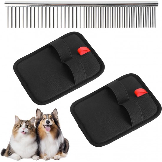 PnxdeobXL Pack of 2 Pet Grooming Gloves, Pet Hair Remover Glove, Made of Velvety Fabric & Breathable Mesh, with Stainless Steel Pet Comb, Suitable for Cats, Dogs & More