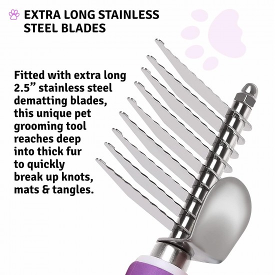 Poodle Pet Dematting Fur Rake Comb Brush Tool with Long 2.5” Steel Safety Blades for Detangling Matted or Knotted Undercoat Hair, Safe Grooming Accessories for Dogs, Longhaired Cats, Rabbits, Horses Poodle Pet Dematting Fur Rake Comb Brush Tool with Long 2.5” Steel Safety Blades for Detangling Matted or Knotted Undercoat Hair, Safe Grooming Accessories for Dogs, Longhaired Cats, Rabbits, Horses