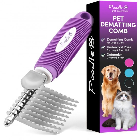 Poodle Pet Dematting Fur Rake Comb Brush Tool with Long 2.5” Steel Safety Blades for Detangling Matted or Knotted Undercoat Hair, Safe Grooming Accessories for Dogs, Longhaired Cats, Rabbits, Horses Poodle Pet Dematting Fur Rake Comb Brush Tool with Long 2.5” Steel Safety Blades for Detangling Matted or Knotted Undercoat Hair, Safe Grooming Accessories for Dogs, Longhaired Cats, Rabbits, Horses