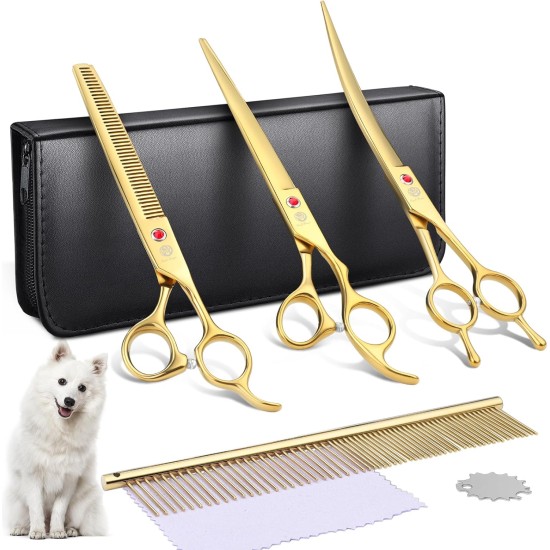 Purple Dragon 8 Inch Dog Scissors Set Professional 3-in-1 Fur Scissors Set for Dogs – Golden Dog Scissors Set Straight, Serrated and Curved Scissors are Included for Dogs for Cats and Other Animals Purple Dragon 8 Inch Dog Scissors Set Professional 3-in-1 Fur Scissors Set for Dogs – Golden Dog Scissors Set Straight, Serrated and Curved Scissors are Included for Dogs for Cats and Other Animals
