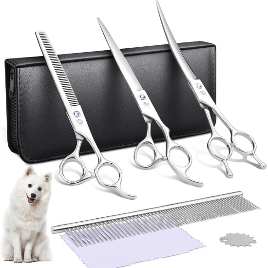 Purple Dragon 8 Inch Dog Scissors Set Professional 3-in-1 Fur Scissors Set for Dogs – Golden Dog Scissors Set Straight, Serrated and Curved Scissors are Included for Dogs for Cats and Other Animals Purple Dragon 8 Inch Dog Scissors Set Professional 3-in-1 Fur Scissors Set for Dogs – Golden Dog Scissors Set Straight, Serrated and Curved Scissors are Included for Dogs for Cats and Other Animals
