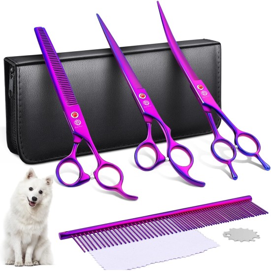 Purple Dragon 8 Inch Dog Scissors Set Professional 3-in-1 Fur Scissors Set for Dogs – Golden Dog Scissors Set Straight, Serrated and Curved Scissors are Included for Dogs for Cats and Other Animals Purple Dragon 8 Inch Dog Scissors Set Professional 3-in-1 Fur Scissors Set for Dogs – Golden Dog Scissors Set Straight, Serrated and Curved Scissors are Included for Dogs for Cats and Other Animals