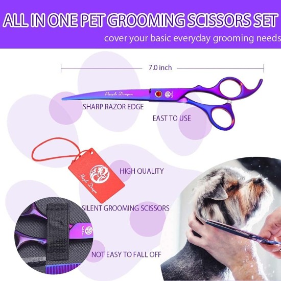 Purple Dragon Fur Scissors for Dogs Professional 7.0 Inch Dog Scissors Set with Thinning Scissors for Grooming Curved Pet Fur Scissors Set Dog Hair Scissors Set Made of Japan 440C Stainless Steel Purple Dragon Fur Scissors for Dogs Professional 7.0 Inch Dog Scissors Set with Thinning Scissors for Grooming Curved Pet Fur Scissors Set Dog Hair Scissors Set Made of Japan 440C Stainless Steel