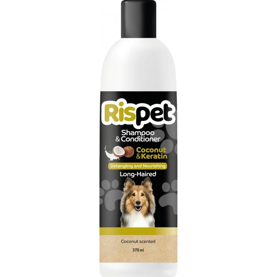 RISPET Coconut and Keratin Shampoo and Conditioner, Cleaning and Disinfectant for Dogs and Long Haired Animals, Delicate Formula Without Allergens and Balanced pH Levels, Coconut Fragrance, 370 ml RISPET Coconut and Keratin Shampoo and Conditioner, Cleaning and Disinfectant for Dogs and Long Haired Animals, Delicate Formula Without Allergens and Balanced pH Levels, Coconut Fragrance, 370 ml