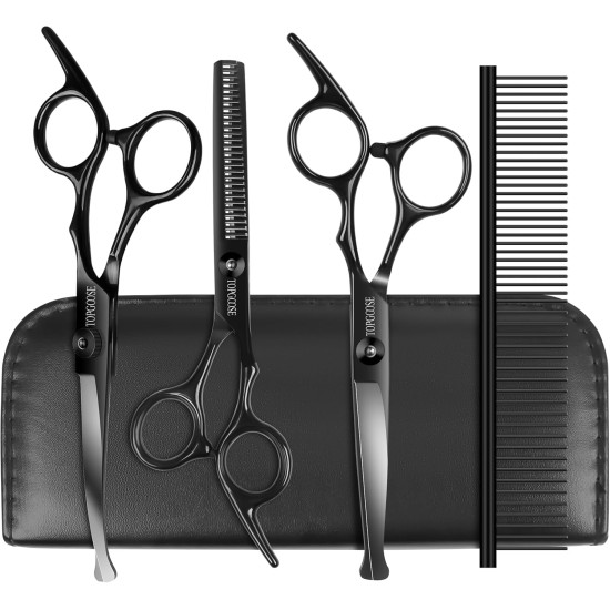 TOPGOOSE Dog Grooming Scissors Kit with Safety Round Tips, Professional 5-in-1 Grooming Scissors for Dogs Cats Pets at Home (Black) TOPGOOSE Dog Grooming Scissors Kit with Safety Round Tips, Professional 5-in-1 Grooming Scissors for Dogs Cats Pets at Home (Black)