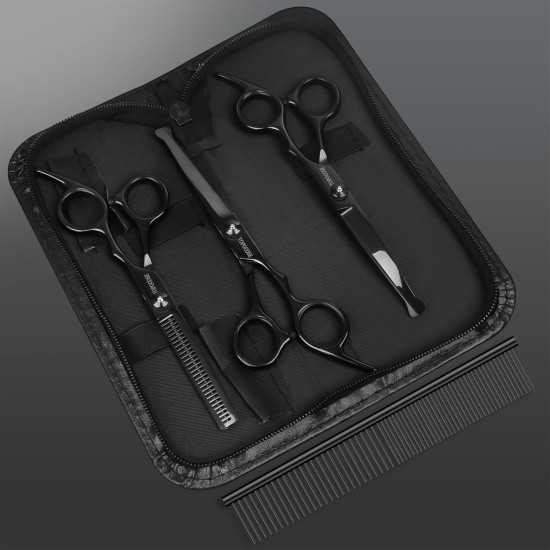 TOPGOOSE Dog Grooming Scissors Kit with Safety Round Tips, Professional 5-in-1 Grooming Scissors for Dogs Cats Pets at Home (Black) TOPGOOSE Dog Grooming Scissors Kit with Safety Round Tips, Professional 5-in-1 Grooming Scissors for Dogs Cats Pets at Home (Black)