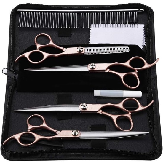 Tnfeeon 4-Piece Pet Grooming Scissors Set, 7 Inch Professional Comb Kit for Sharp Scissors, Made of Stainless Steel for Modelling Trimming Tools for Dog Cats (Gold) Tnfeeon 4-Piece Pet Grooming Scissors Set, 7 Inch Professional Comb Kit for Sharp Scissors, Made of Stainless Steel for Modelling Trimming Tools for Dog Cats (Gold)