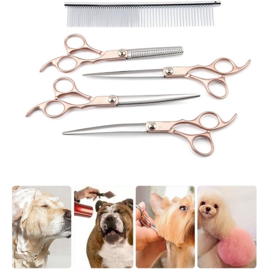 Tnfeeon 4-Piece Pet Grooming Scissors Set, 7 Inch Professional Comb Kit for Sharp Scissors, Made of Stainless Steel for Modelling Trimming Tools for Dog Cats (Gold) Tnfeeon 4-Piece Pet Grooming Scissors Set, 7 Inch Professional Comb Kit for Sharp Scissors, Made of Stainless Steel for Modelling Trimming Tools for Dog Cats (Gold)
