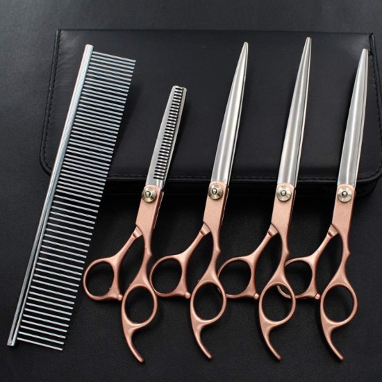 Tnfeeon 4-Piece Pet Grooming Scissors Set, 7 Inch Professional Comb Kit for Sharp Scissors, Made of Stainless Steel for Modelling Trimming Tools for Dog Cats (Gold) Tnfeeon 4-Piece Pet Grooming Scissors Set, 7 Inch Professional Comb Kit for Sharp Scissors, Made of Stainless Steel for Modelling Trimming Tools for Dog Cats (Gold)