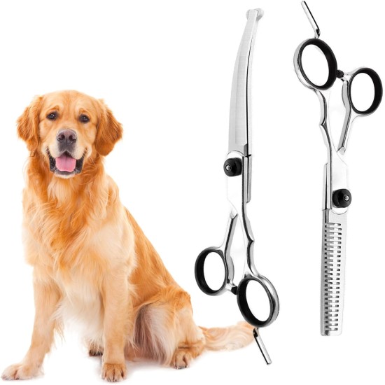 XoeLLe Dog Scissors for Dogs and Cats, Lot de 2 Dog Scissors Set, Professional, Pet Scissors with Round Safety Tip, Curved Grooming Scissors, Hair Scissors for Dog Groomers and Beginners XoeLLe Dog Scissors for Dogs and Cats, Lot de 2 Dog Scissors Set, Professional, Pet Scissors with Round Safety Tip, Curved Grooming Scissors, Hair Scissors for Dog Groomers and Beginners