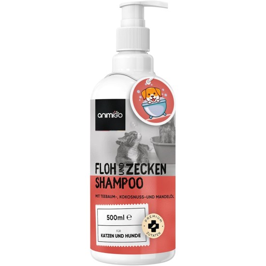 animigo Flea Shampoo Dog & Cats 500 ml - Flea Remedy with Tea Tree Oil - Against Ticks, Fleas & Itching - Alternative to Flea Spray, Tick Collar, Flea Comb - With Coconut Oil, Almond Oil - Natural