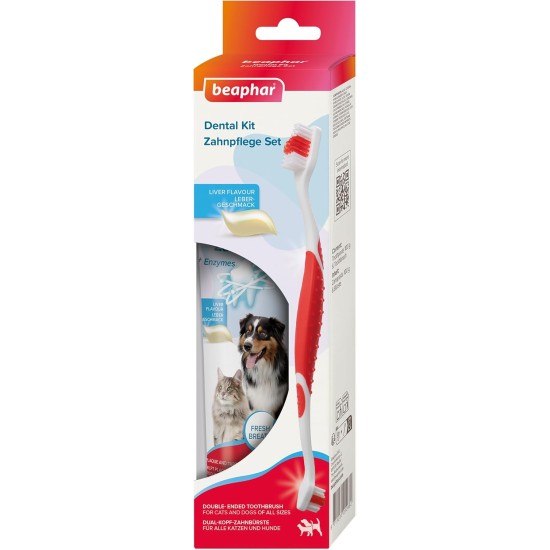 BEAPHAR - Dental care set for dogs and cats - double head toothbrush and toothpaste - combats plaque and tartar - with liver flavour - without fluorides - set with 1 toothbrush + 100 g toothpaste BEAPHAR - Dental care set for dogs and cats - double head toothbrush and toothpaste - combats plaque and tartar - with liver flavour - without fluorides - set with 1 toothbrush + 100 g toothpaste