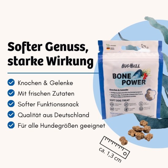 BugBell Grain-Free Dog Snack for Bones & Joints 60 g, for Osteoarthritis, Patella Luxation, with Green-Lipped Mussel & Spirulina & Willow Bark & Devil's Claw BugBell Grain-Free Dog Snack for Bones & Joints 60 g, for Osteoarthritis, Patella Luxation, with Green-Lipped Mussel & Spirulina & Willow Bark & Devil's Claw