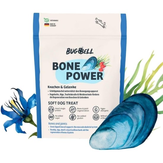 BugBell Grain-Free Dog Snack for Bones & Joints 60 g, for Osteoarthritis, Patella Luxation, with Green-Lipped Mussel & Spirulina & Willow Bark & Devil's Claw