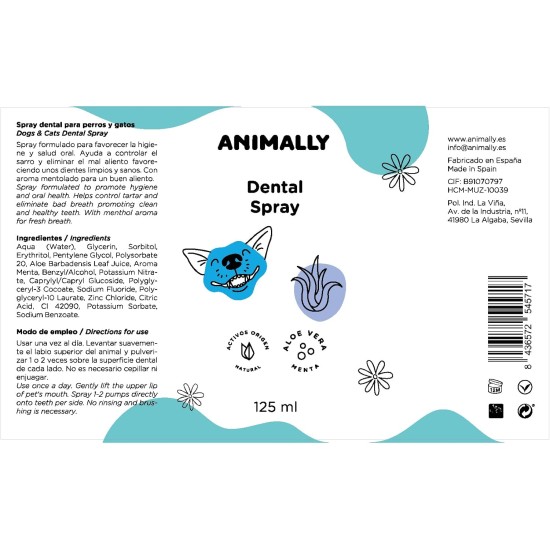 Dental Spray Fresh 125 ml Dental Spray with Active Ingredients of Natural Origin for Dogs and Cats. With Aloe Vera and Mint. Dental Spray Fresh 125 ml Dental Spray with Active Ingredients of Natural Origin for Dogs and Cats. With Aloe Vera and Mint.