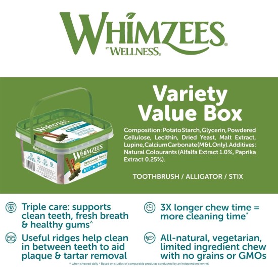 WHIMZEES By Wellness Mixed Variety Box Chew Sticks for Large Dogs for Dental Care, Size L, 14 Pack, No Added Sugar, Grain-Free, Natural, Low Fat WHIMZEES By Wellness Mixed Variety Box Chew Sticks for Large Dogs for Dental Care, Size L, 14 Pack, No Added Sugar, Grain-Free, Natural, Low Fat
