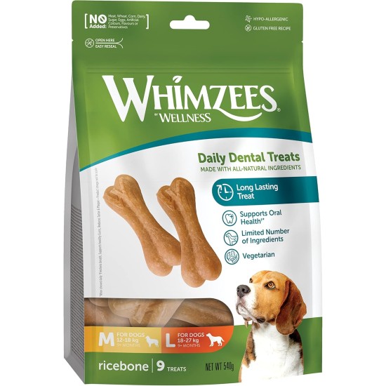 WHIMZEES Natural Gluten-free Dental Care Snacks, Chew Sticks for Dogs, Rice Bone, L, 9 x 60g