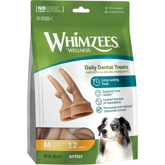 WHIMZEES by Wellness Antler Antler Dog Snack for Medium Dogs, Medium, Pack of 12, Calming, No Added Sugar, Grain-Free, Natural, Low Fat WHIMZEES by Wellness Antler Antler Dog Snack for Medium Dogs, Medium, Pack of 12, Calming, No Added Sugar, Grain-Free, Natural, Low Fat