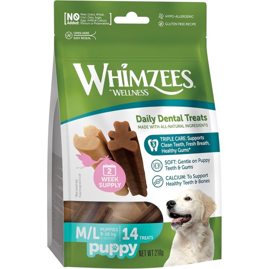 WHIMZEES by Wellness Puppy Stix, Chew Bones for Large Puppies, Dog Snack for Dental Care, Size M/L, 14 Pieces, No Added Sugar, Grain-Free, Natural, Low Fat WHIMZEES by Wellness Puppy Stix, Chew Bones for Large Puppies, Dog Snack for Dental Care, Size M/L, 14 Pieces, No Added Sugar, Grain-Free, Natural, Low Fat
