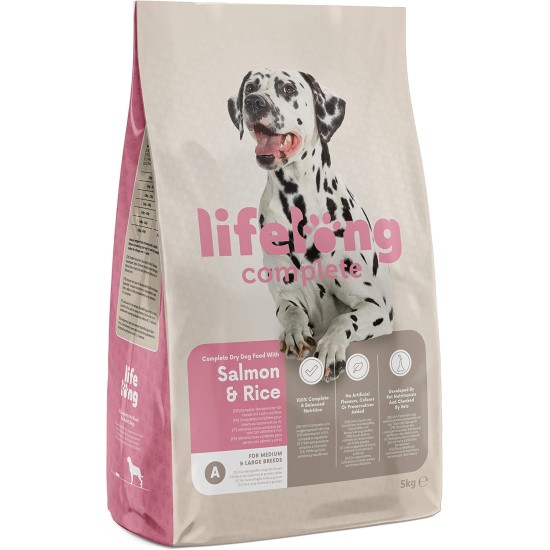 Amazon brand: Lifelong Complete Dry Food for Adult Dogs with Salmon and Rice, 1 x 5 kg Amazon brand: Lifelong Complete Dry Food for Adult Dogs with Salmon and Rice, 1 x 5 kg