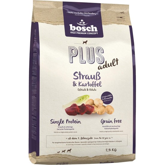 Bosch HPC Plus Ostrich & Potato Dog Food for Adult Dogs of All Breeds, Single Protein, Grain-Free Bosch HPC Plus Ostrich & Potato Dog Food for Adult Dogs of All Breeds, Single Protein, Grain-Free