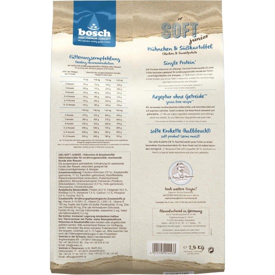 Bosch HPC Soft Junior Chicken & Sweet Potato | Semi-Moist Dog Food for Growing Dogs of All Breeds | Single Protein | Grain-Free Bosch HPC Soft Junior Chicken & Sweet Potato | Semi-Moist Dog Food for Growing Dogs of All Breeds | Single Protein | Grain-Free