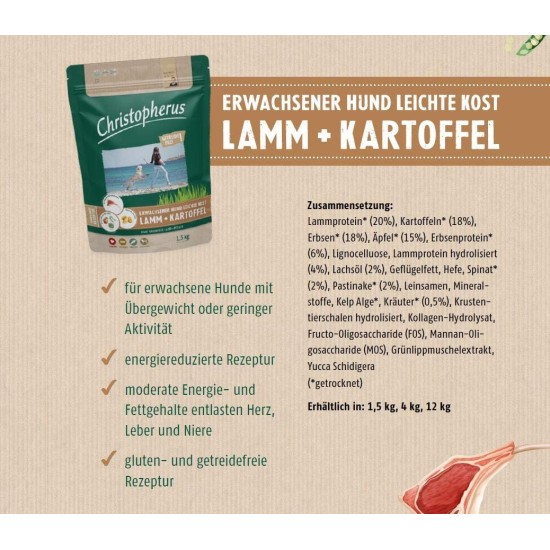 Christopherus Light Grainfree, Complete Food for Adult Dogs with Overweight or Low Activity Dry Food, Lamb + Potato, Croquette Size Approx. 1 cm, Adult Dog, 4 kg Christopherus Light Grainfree, Complete Food for Adult Dogs with Overweight or Low Activity Dry Food, Lamb + Potato, Croquette Size Approx. 1 cm, Adult Dog, 4 kg