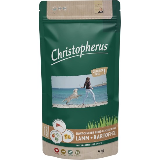 Christopherus Light Grainfree, Complete Food for Adult Dogs with Overweight or Low Activity Dry Food, Lamb + Potato, Croquette Size Approx. 1 cm, Adult Dog, 4 kg Christopherus Light Grainfree, Complete Food for Adult Dogs with Overweight or Low Activity Dry Food, Lamb + Potato, Croquette Size Approx. 1 cm, Adult Dog, 4 kg