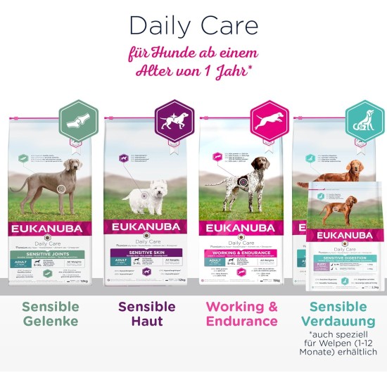 Eukanuba Daily Care Sensitive Digestion Dog Food - Dry Food for Dogs with Sensitive Digestion, Stomach Friendly with Easily Digestible Rice, 12 kg Eukanuba Daily Care Sensitive Digestion Dog Food - Dry Food for Dogs with Sensitive Digestion, Stomach Friendly with Easily Digestible Rice, 12 kg